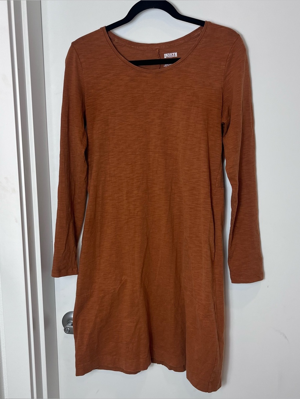 Duluth Trading Co Cinnamon Orange Long Sleeve Knit Dress Size Small Pockets Fall